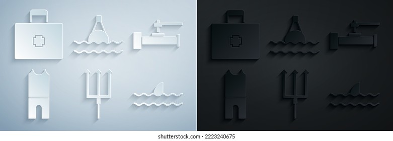 Set Neptune Trident, Industry metallic pipes and valve, Wetsuit for scuba diving, Shark fin ocean wave, Floating buoy on the sea and First aid kit icon. Vector