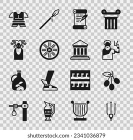Set Neptune Trident, Olives branch, Zeus, Decree, parchment, scroll, Old wooden wheel, Medusa Gorgon, Body armor and Parthenon icon. Vector