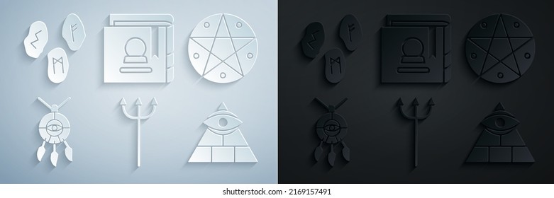 Set Neptune Trident, Pentagram in a circle, Dream catcher with feathers, Masons, Ancient magic book and Magic runes icon. Vector