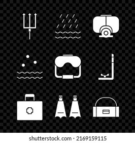 Set Neptune Trident, Rain and waves, Diving mask, First aid kit, Rubber flippers for swimming, Case box container wobbler, Cold and  icon. Vector
