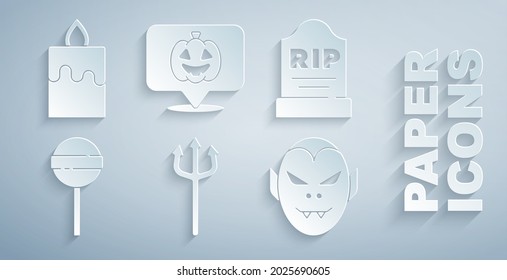 Set Neptune Trident, Tombstone with RIP written, Lollipop, Vampire, Pumpkin and Burning candle icon. Vector