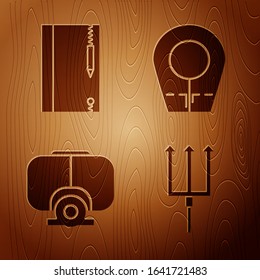Set Neptune Trident, Underwater note book and pencil, Diving mask and Diving hood on wooden background. Vector