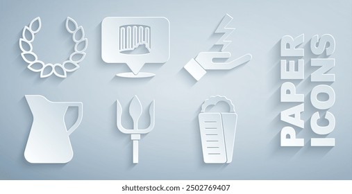 Set Neptune Trident, Zeus, Bottle of olive oil, Gyros Pita Greek, Ancient column and Laurel wreath icon. Vector