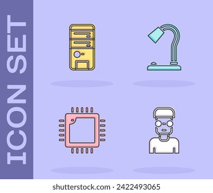 Ajuste el geek Nerd, el ordenador, el procesador con el icono de la CPU y la lámpara de mesa. Vector