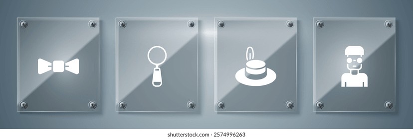 Set Nerd geek, Man hat, Magnifying glass and Bow tie. Square glass panels. Vector