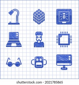 Set Nerd geek, School backpack, Computer monitor screen, Processor with CPU, Eyeglasses, Laptop, Insects in frame and Table lamp icon. Vector