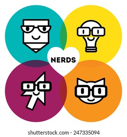 Set of nerd icons with glasses, funny faces, pencil, lamp, cat, cursor. Modern vector illustration and design element