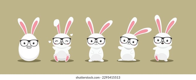 A set of nerd rabbit doing pose. Isolated Vector Illustration