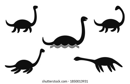 Set of Nessie or Loch Ness monster silhouettes isolated on white backgroung. Vector illustration. svg