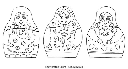 Set of nested dolls. Matryoshka (Babushka) vector black and white hand drawn illustrations. Outlined for coloring book. Russian Souvenir, present.