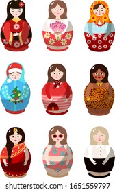 Set of nesting dolls in colorful costumes of different nationalities. Vector illustration in flat cartoon style.