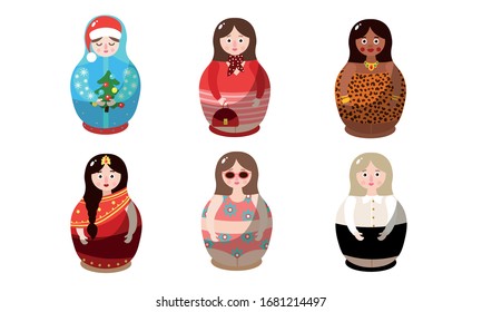 Set of nesting dolls in colorful costumes of different nationalities. Vector illustration in flat cartoon style.