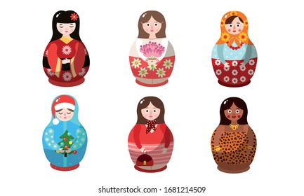 Set of nesting dolls in colorful costumes of different nationalities. Vector illustration in flat cartoon style.