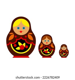 Conjunto de muñecas anidantes. Muñecas nacionales de madera con hermoso adorno. Símbolo nacional de la ilustración vectorial de Rusia sobre fondo blanco. Concepto de Matryoshka