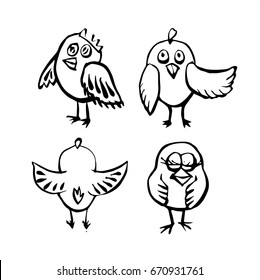 Set of nestlings painted with a brush and hand. Vector illustration. Chickens isolated on white background. Characters for a fairy tale, cartoon, design