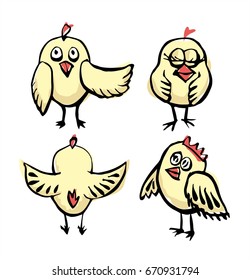 Set of nestlings painted with a brush and hand. Vector illustration. Chickens isolated on white background. Characters for a fairy tale, cartoon, design
