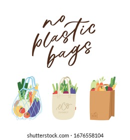 Set of net, paper and textile shopping bags for vegetables for eco friendly living. Vegan zero waste concept. Colorful hand drawn trendy shoppers vector poster, card. Say NO to plastic bags quote