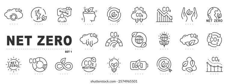 Set of net zero related line icons. Eco, emission, co2 etc. Editable stroke.