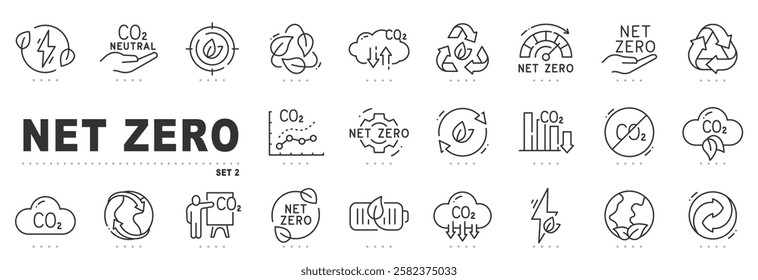 Set of net zero related line icons. Eco, emission, co2 etc. Editable stroke. Set 2