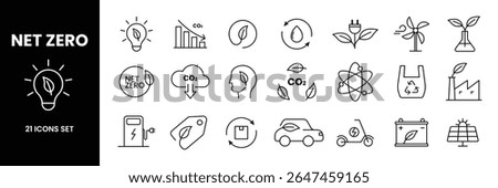 Set of Net zero related line icon collection. Ecology, environment, recycling, green energy, carbon neutral, climate symbol.