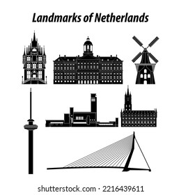 ensemble de points d'intérêt néerlandais célèbres par silhouette, illustration vectorielle