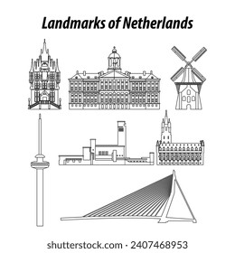 set of Netherlands famous landmarks by silhouette outline style,vector illustration
