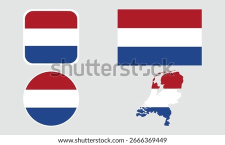 A set of Netherlands flag icons. A set of flags in square, rectangular, round and map shapes. Flag icons.