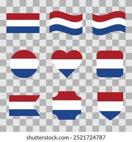 Set of Netherlands flag on a transparent background. Vector illustration