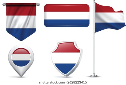 Set of Netherlands Flags in Different Shapes and Styles