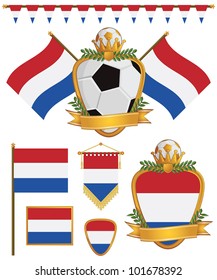 set of netherlands football supporter flags and emblems, isolated on white