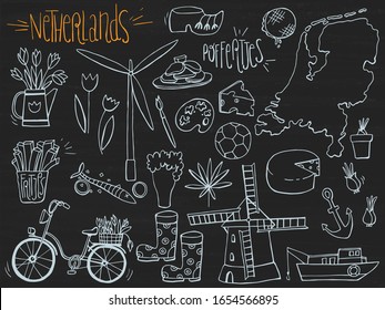 Set of Netherlands icon doodles on chalkboard. Hand drawn sketched. Vector Illustration.