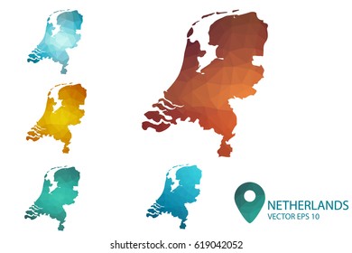 Set of Netherlands maps. Bright gradient map of country in low poly style. Multicolored country map in geometric style for your infographics. Vector illustration eps 10.