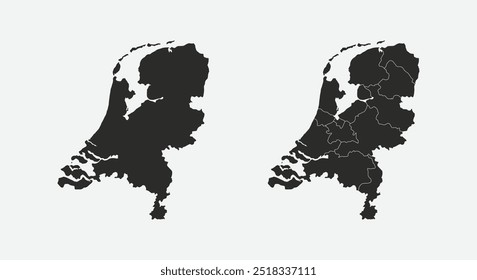 Conjunto de mapas dos Países Baixos. Mapa da Holanda com regiões isoladas sobre fundo branco. Mapa da Silhueta dos Países Baixos. Ilustração vetorial