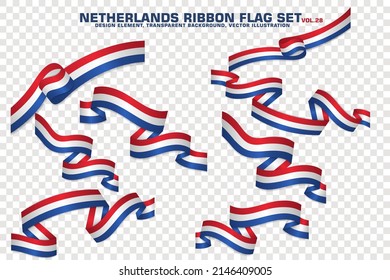 Set of Netherlands Ribbon flag, design element. 3D on a transparent background. vector illustration