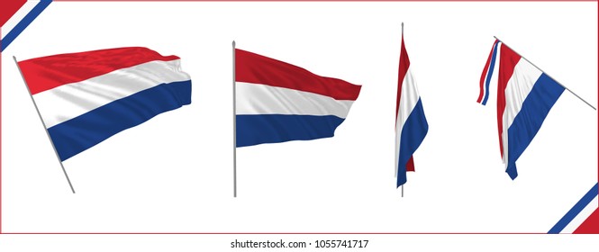 Set of Netherlands state waving flags in solemn or diplomacy style. Vector illustration. 