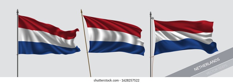 Set of Netherlands waving flag on isolated background vector illustration. 3 Dutch wavy realistic flag as a symbol of patriotism