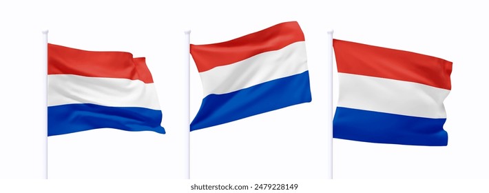 Set of Netherlands waving flag on flagpole. Realistic 3d design flag flies on the wind on isolated white background. vector illustration