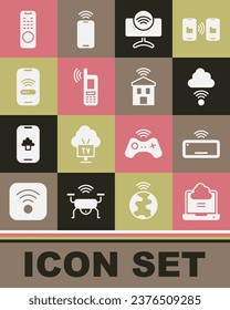 Set Network cloud connection, Computer keyboard, Smart Tv system, Mobile with wi-fi wireless, Remote control and home icon. Vector