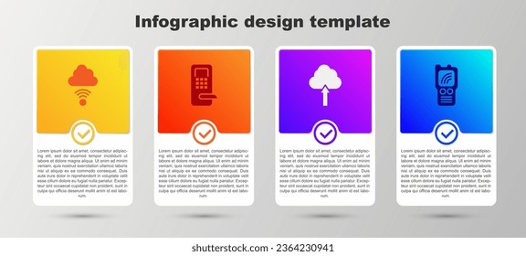 Set Network cloud connection, Digital door lock, Cloud upload and Walkie talkie. Business infographic template. Vector