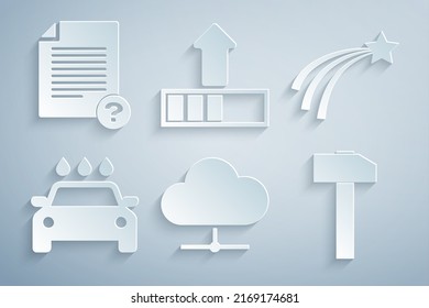 Set Network cloud connection, Falling star, Car wash, Hammer, Loading and Unknown document icon. Vector