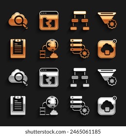 Set Network cloud connection, Filter setting, Cloud technology data transfer, Server and gear, Server, Data report, Hierarchy organogram chart, Search computing and Broken file icon. Vector