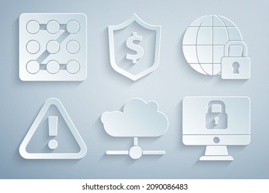 Set Network cloud connection, Global lockdown, Exclamation mark in triangle, Lock computer monitor, Shield with dollar and Graphic password protection icon. Vector