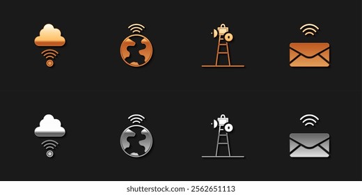 Set Network cloud connection, Global technology, Satellite dish and Mail and e-mail icon. Vector