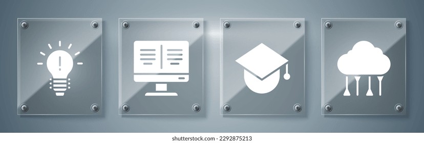 Establecer conexión en la nube de red, límite de graduación en el mundo, libro en línea en monitor y lámpara de luz con concepto de idea. Paneles de vidrio cuadrado. Vector