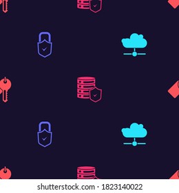 Set Network cloud connection, Lock and check mark, Server with shield and Marked key on seamless pattern. Vector.