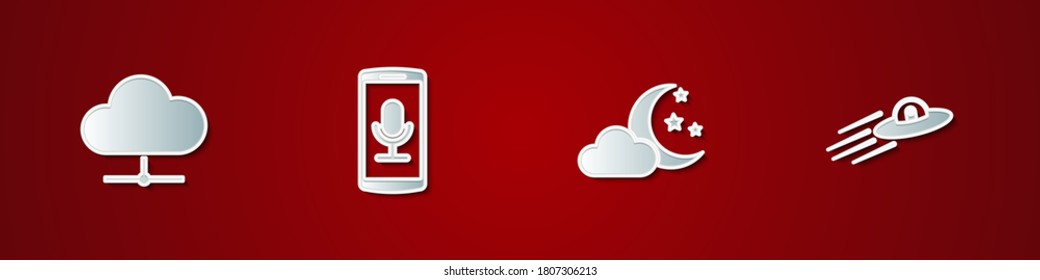 Set Network cloud connection, Mobile recording, Cloud with moon and stars and UFO flying spaceship alien icon. Vector.