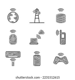 Set Network cloud connection, Mobile with wi-fi wireless, Wireless gamepad, Air conditioner, computer mouse, Smart data server and Global technology icon. Vector
