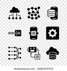 Set Network cloud connection, Neural network, Cloud technology data transfer, Artificial intelligence robot, database, Binary code and AI icon. Vector