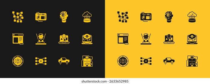 Set Network cloud connection, Neural network, Internet piracy, Fantastic flying car, Hologram, Smart glasses spectacles,  and Motherboard icon. Vector
