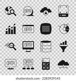 Set Network cloud connection, Sales funnel with chart, Pie infographic, Cloud computing lock, Data analysis, Search globe and Binary code icon. Vector